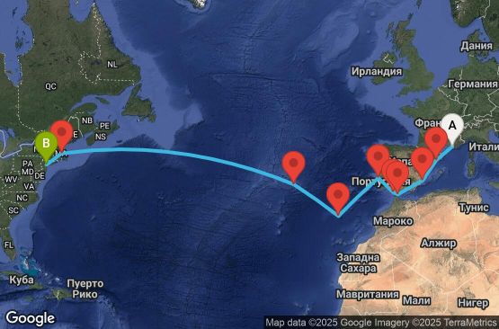 Маршрут на круиз 20 дни Франция, Испания, Гибралтар, Португалия, САЩ - UWTZ