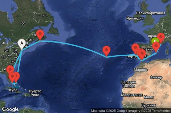 Маршрут на круиз 23 дни САЩ, Бахамските острови, Канада, Португалия, Испания, Гибралтар, Франция - UWU2