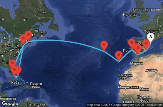 Маршрут на круиз 26 дни Испания, Гибралтар, Португалия, САЩ, Бахамските острови - UWVB