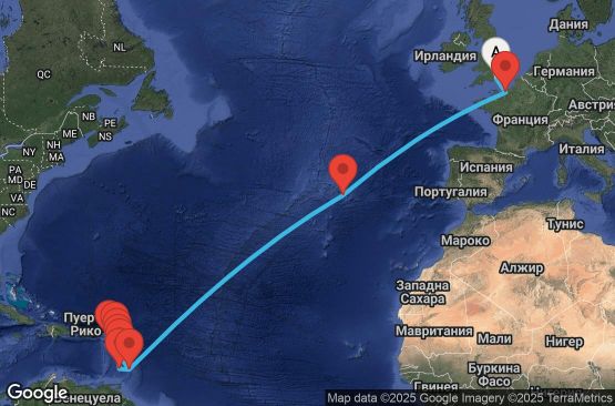 Маршрут на круиз United Kingdom,France,Portugal,Barbados,Saint Kitts and Nevis,Antigua and Barbuda,Dominica,Martinique,Guadeloupe,Saint Vincent & The Grenadines - UWVL