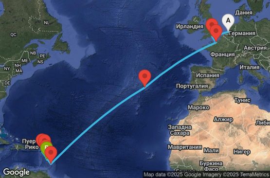 Маршрут на круиз Netherlands,United Kingdom,France,Portugal,Barbados,Saint Kitts and Nevis,Antigua and Barbuda,Dominica,Martinique - UWVK