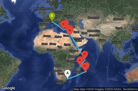 Маршрут на круиз 26 дни Южна Африка, Реюнион, Мавриций, Мадагаскар, Сейшелски острови, Йордания, Египет, Гърция, Италия - UWQH