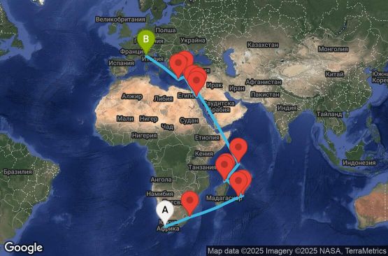 Маршрут на круиз 29 дни Южна Африка, Реюнион, Мавриций, Мадагаскар, Сейшелски острови, Йордания, Египет, Гърция, Италия - UWWP