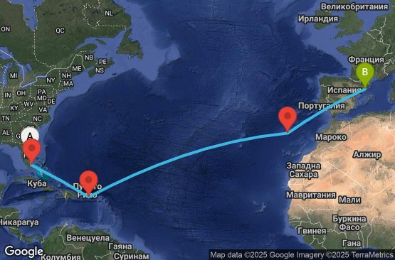 Маршрут на круиз 7 дни САЩ, Пуерто Рико, Португалия, Испания - UWVW