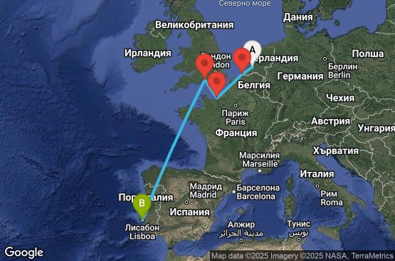 Маршрут на круиз 6 дни Нидерландия, Белгия, Франция, Великобритания, Португалия - UWUL