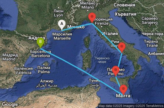 Маршрут на круиз 6 дни Франция, Италия, Малта, Испания - UW5L