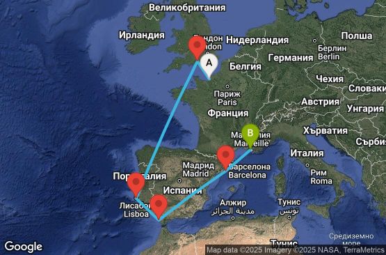 Маршрут на круиз 8 дни Франция, Великобритания, Португалия, Испания - UWUM