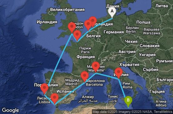 Маршрут на круиз 15 дни Германия, Нидерландия, Белгия, Франция, Великобритания, Португалия, Испания, Италия, Малта - UWHT
