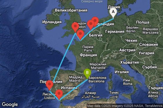 Маршрут на круиз 11 дни Германия, Нидерландия, Белгия, Франция, Великобритания, Португалия, Испания - UWUI