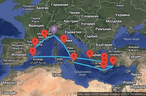 Маршрут на круиз 14 дни Италия, Гърция, Испания, Франция - SVN14A41