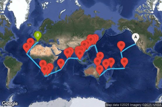 Маршрут на круиз 97 дни САЩ, Френска Полинезия, Фиджи, Нова Каледония, Австралия, Папуа-Нова Гвинея, Япония, Южна Корея, Тайван, Хонг Конг, Виетнам, Тайланд, Сингапур, Малайзия, Шри Ланка, Малдивите, Мавриций, Южна Африка, Намибия, Кабо Верде, Испания - SFO97A01