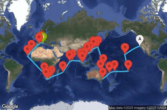 Маршрут на круиз 100 дни САЩ, Френска Полинезия, Фиджи, Нова Каледония, Австралия, Папуа-Нова Гвинея, Япония, Южна Корея, Тайван, Хонг Конг, Виетнам, Тайланд, Сингапур, Малайзия, Шри Ланка, Малдивите, Мавриций, Южна Африка, Намибия, Кабо Верде, Испания, Франция, Италия - SFOA0A01