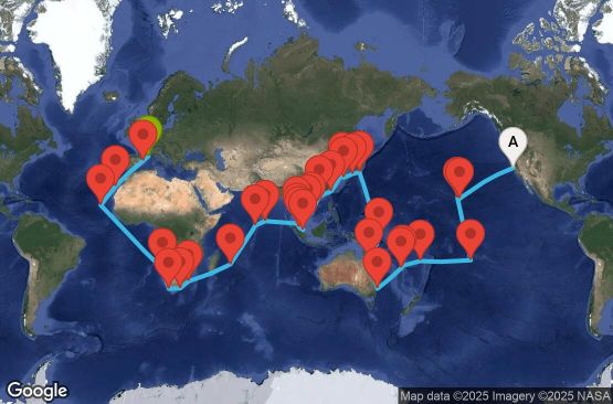 Маршрут на круиз 98 дни САЩ, Френска Полинезия, Фиджи, Нова Каледония, Австралия, Папуа-Нова Гвинея, Япония, Южна Корея, Тайван, Хонг Конг, Виетнам, Тайланд, Сингапур, Малайзия, Шри Ланка, Малдивите, Мавриций, Южна Африка, Намибия, Кабо Верде, Испания, Франция - SFO98A01