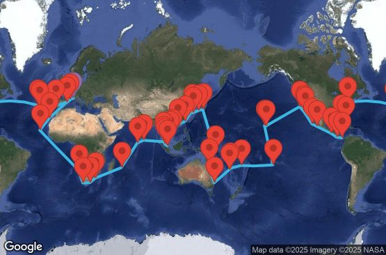Маршрут на круиз 138 дни Италия, Франция, Испания, Португалия, САЩ, Бахамските острови, Панама, Коста Рика, Гватемала, Мексико, Френска Полинезия, Фиджи, Нова Каледония, Австралия, Папуа-Нова Гвинея, Япония, Южна Корея, Тайван, Хонг Конг, Виетнам, Тайланд, Сингапур, Малайзия, Шри Ланка, Малдивите, Мавриций, Южна Африка, Намибия, Кабо Верде - SVND8A01