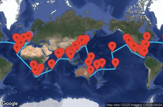Маршрут на круиз 136 дни Франция, Испания, Португалия, САЩ, Бахамските острови, Панама, Коста Рика, Гватемала, Мексико, Френска Полинезия, Фиджи, Нова Каледония, Австралия, Папуа-Нова Гвинея, Япония, Южна Корея, Тайван, Хонг Конг, Виетнам, Тайланд, Сингапур, Малайзия, Шри Ланка, Малдивите, Мавриций, Южна Африка, Намибия, Кабо Верде - MRSD6A01
