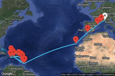 Маршрут на круиз 29 дни Италия, Франция, Испания, Барбадос, Доминиканска република, Сейнт Винсент и Гренадини, Гваделупа, Сейнт Китс и Невис, Британски вирджински острови, Търкс и Кайкос - SVN29A00