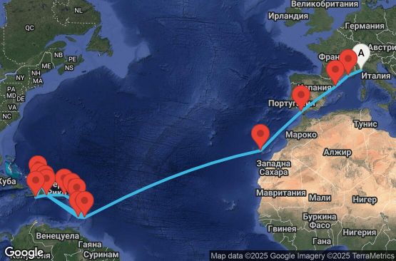 Маршрут на круиз 29 дни Италия, Франция, Испания, Барбадос, Доминиканска република, Сейнт Винсент и Гренадини, Гваделупа, Сейнт Китс и Невис, Британски вирджински острови, Търкс и Кайкос - SVN29A00