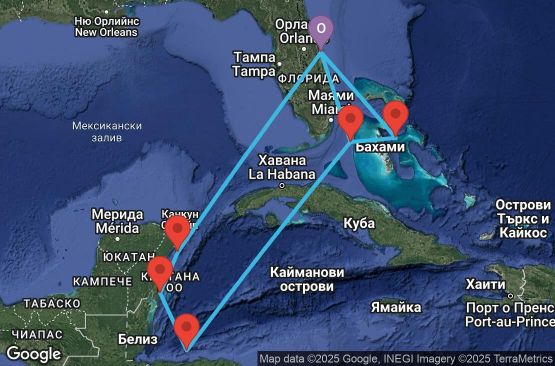 Маршрут на круиз 11 дни САЩ, Бахамските острови, Хондурас, Мексико - UV96