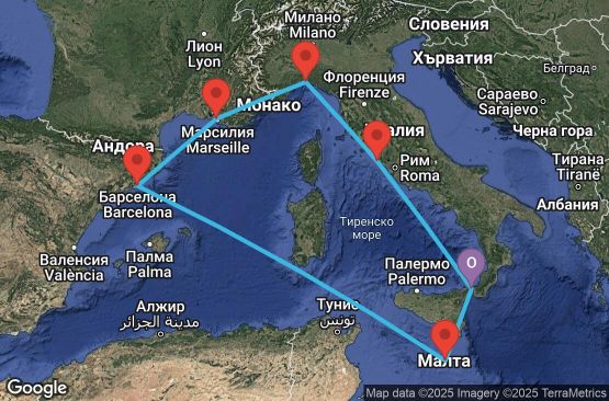 Маршрут на круиз 7 дни Италия, Малта, Испания, Франция - UV7E