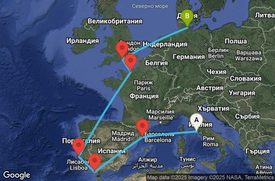 Маршрут на круиз 12 дни Италия, Испания, Португалия, Франция, Великобритания, Германия - UVS9