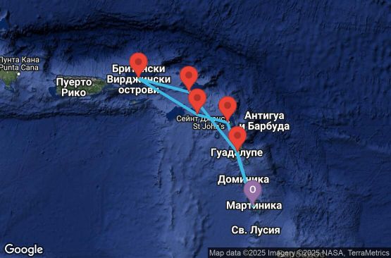 Маршрут на круиз 7 дни Мартиника, Гваделупа, Нидерландски Антили, Британски вирджински острови, Сейнт Китс и Невис, Антигуа и Барбуда - UVU0