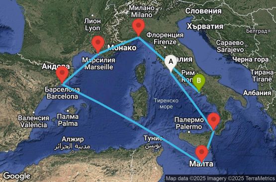 Маршрут на круиз 7 дни Италия, Малта, Испания, Франция - UV7N