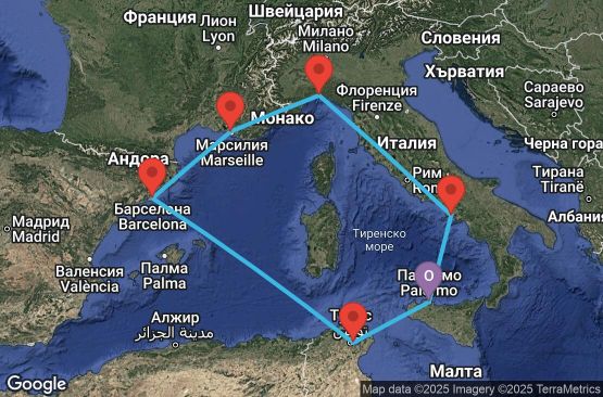 Маршрут на круиз 7 дни Италия, Тунис, Испания, Франция - UV6L