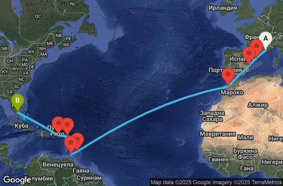 Маршрут на круиз 20 дни Франция, Испания, Мароко, Барбадос, Гренада, Нидерландски Антили, Пуерто Рико, САЩ - UVF8