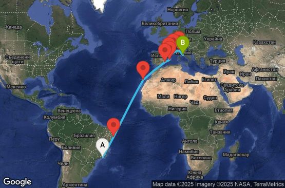 Маршрут на круиз 18 дни Бразилия, Испания, Франция, Италия - UU45