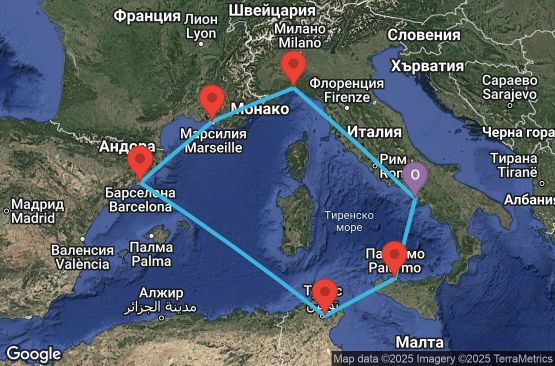 Маршрут на круиз 7 дни Италия, Тунис, Испания, Франция - UV6M