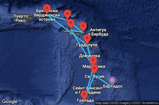 Маршрут на круиз 14 дни Барбадос, Сейнт Лусия, Гренада, Мартиника, Гваделупа, Британски вирджински острови, Нидерландски Антили, Антигуа и Барбуда, Сейнт Китс и Невис - UVTW