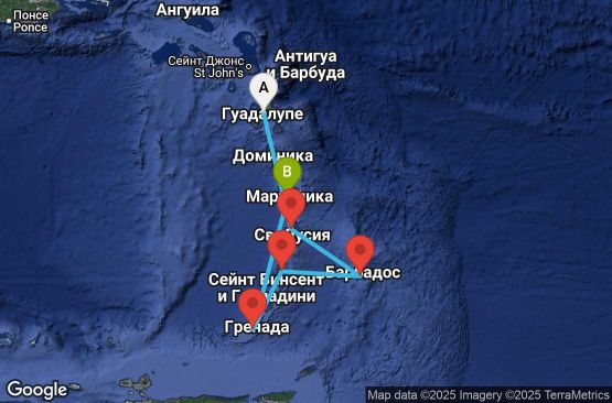 Маршрут на круиз 6 дни Гваделупа, Сейнт Лусия, Барбадос, Сейнт Винсент и Гренадини, Гренада, Мартиника - UV1O
