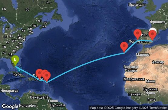 Маршрут на круиз 16 дни Испания, Португалия, Антигуа и Барбуда, Нидерландски Антили, Пуерто Рико, САЩ - UVGG