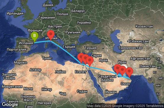 Маршрут на круиз 18 дни Обединени арабски емирства, Катар, Оман, Йордания, Египет, Италия, Испания - UVUZ