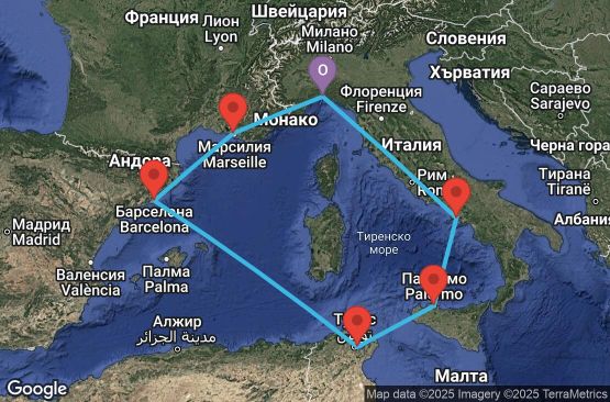 Маршрут на круиз 7 дни Италия, Тунис, Испания, Франция - UV6N