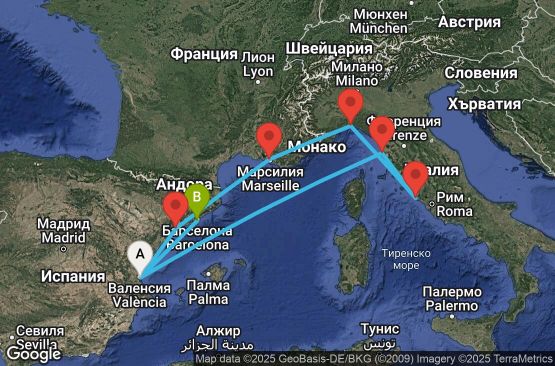Маршрут на круиз 8 дни Испания, Италия, Франция - UWGV