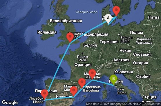 Маршрут на круиз 12 дни Германия, Дания, Великобритания, Португалия, Испания, Франция, Италия - UVQX