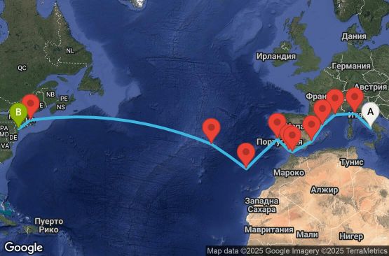 Маршрут на круиз 22 дни Италия, Франция, Испания, Гибралтар, Португалия, САЩ - UWTX
