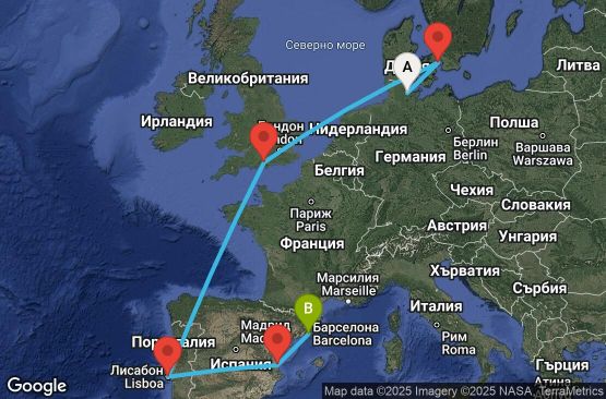 Маршрут на круиз 10 дни Германия, Дания, Великобритания, Португалия, Испания - UVQV