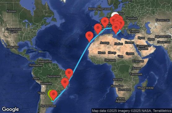 Маршрут на круиз 26 дни Италия, Хърватска, Гърция, Малта, Испания, Мароко, Бразилия, Уругвай, Аржентина - UWYY
