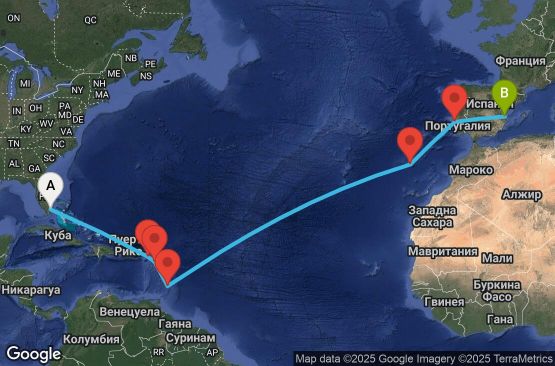 Маршрут на круиз 16 дни САЩ, Нидерландски Антили, Антигуа и Барбуда, Барбадос, Португалия, Испания - UTRM