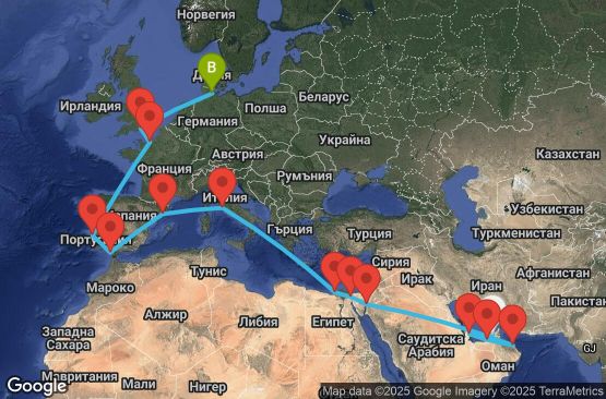 Маршрут на круиз 28 дни Обединени арабски емирства, Катар, Оман, Йордания, Египет, Италия, Испания, Португалия, Франция, Великобритания, Германия - UVQO