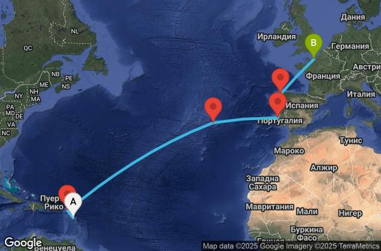 Маршрут на круиз 14 дни Гваделупа, Нидерландски Антили, Португалия, Испания, Франция - UTRV