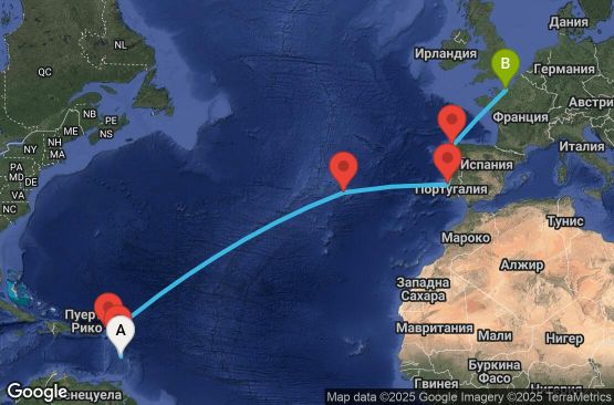 Маршрут на круиз 15 дни Мартиника, Гваделупа, Нидерландски Антили, Португалия, Испания, Франция - UTRT