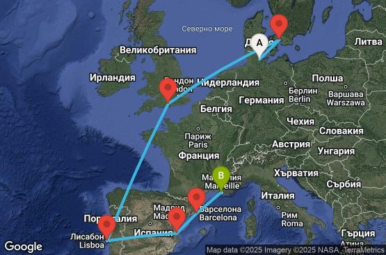 Маршрут на круиз 11 дни Германия, Дания, Великобритания, Португалия, Испания, Франция - UVQZ