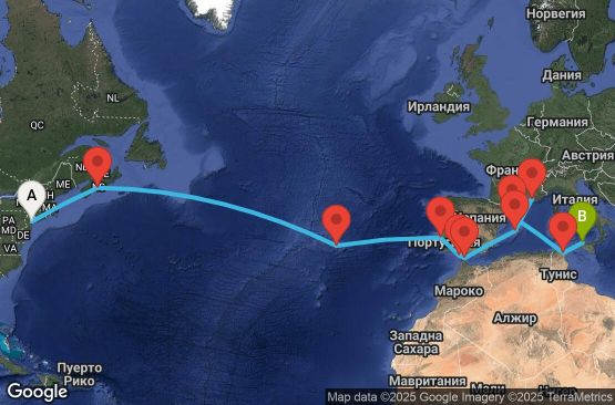 Маршрут на круиз 19 дни САЩ, Канада, Португалия, Испания, Гибралтар, Франция, Тунис, Италия - UWU7