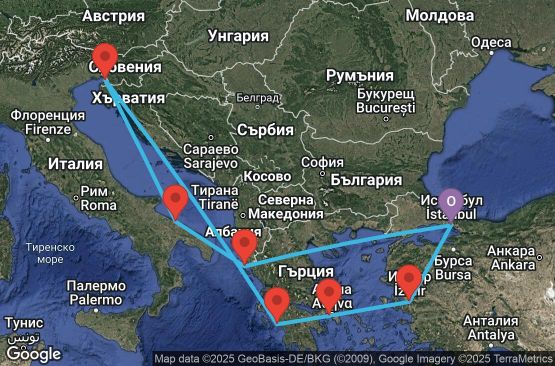 Маршрут на круиз 9 дни Турция, Гърция, Италия - UWLL