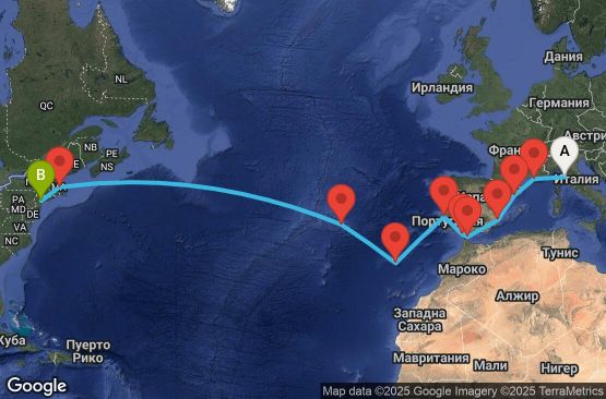 Маршрут на круиз 21 дни Италия, Франция, Испания, Гибралтар, Португалия, САЩ - UWTY