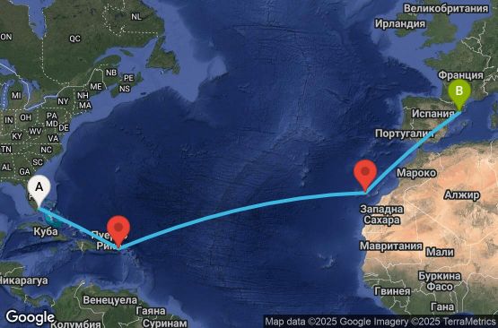 Маршрут на круиз 13 дни САЩ, Британски вирджински острови, Испания - UWCX