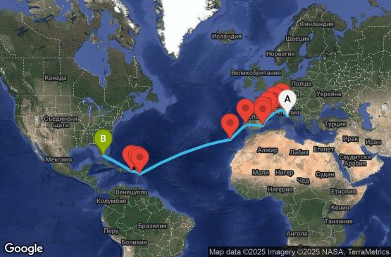 Маршрут на круиз 20 дни Италия, Франция, Испания, Португалия, Антигуа и Барбуда, Нидерландски Антили, Пуерто Рико, САЩ - UVGJ